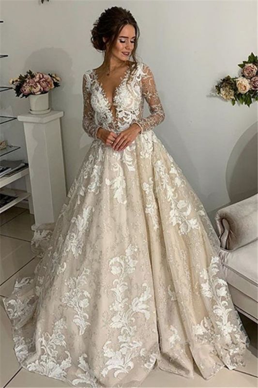 See Through Long Sleeve Lace Appliques V-Neck Open Back Wedding Dress