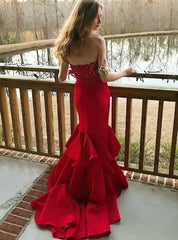 Red Mermaid Appliques Long Sweetheart Prom Dress with Side Slit