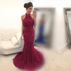 Purple Crystal Beaded Halter Evening Dresses Mermaid 2017 Luxury Prom Gowns