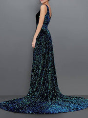 A-Line Sparkle Sexy Engagement Formal Evening Dress V Neck Sleeveless Chapel Train Sequined Velvet with Pleats Sequin - RongMoon