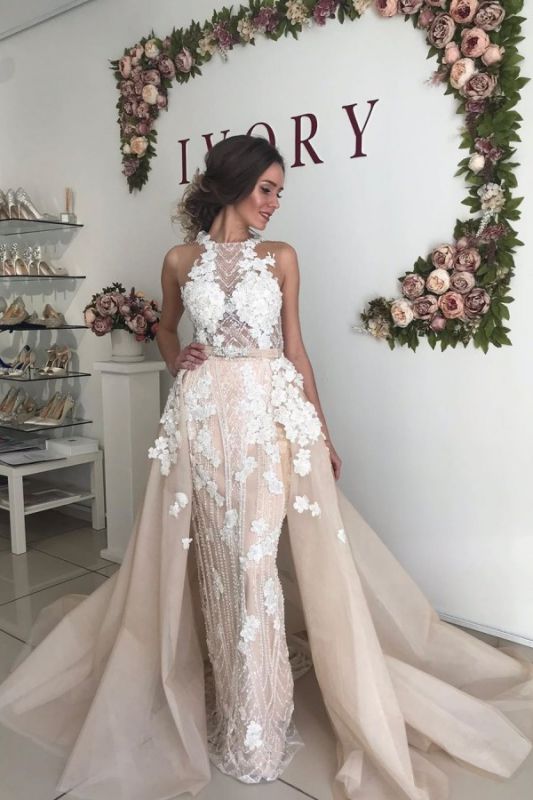 Beading Halter Sheath Flower Backless Belt Detachable Skirt Wedding Dress
