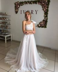 One Shoulder Appliques Sexy Backless Tulle A-line Wedding Dress