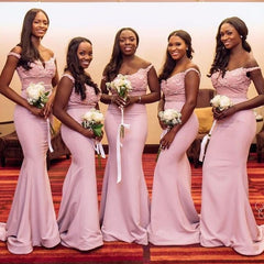 Pink mermaid Satin Off the Shoulder Appliques Beading Bridesmaid Dress