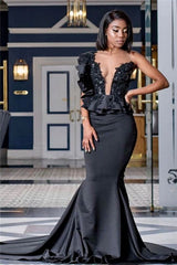 Sheer Tulle Court Train Mermaid Sexy Appliques Black Prom Dress