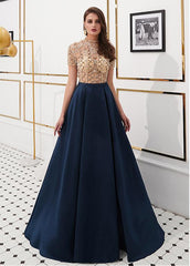 Tulle & Satin High Collar Gold  A-line Prom Dress
