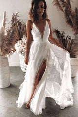 Appliques Floor Length Lace V Neck A Line Wedding Dress With Slit