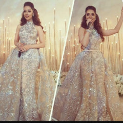 High Neck Champagne Overskirt Silver Beads Appliques Prom Dress