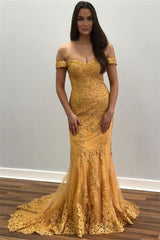 Mermaid Gold Appliques Tulle Off-The-Shoulder Prom Dress