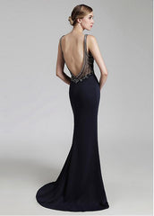 Crystal V-neck Neckline Mermaid Evening Dress With Beadings & Slit