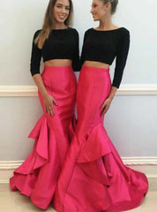 Black And Fuchsia Satin Beading Two Piece Long Sleeve Prom Dress