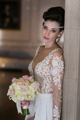 Long Sleeve Sexy Slit V-neck Chiffon Bridal Simple Wedding Dress