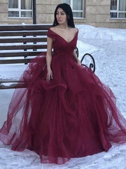 Long Ruffles Off The Shoulder V Neck Burgundy Prom Dress
