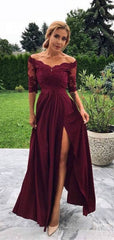 Short Sleeves Lace Appliques Burgundy Off-The-Shoulder Side-Slit A-Line Prom Dress