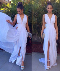 White Backless Chiffon Long Prom Dress, Evening Dress - RongMoon