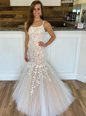 Champagne Tulle Appliques Straps Mermaid Backless Prom Dress