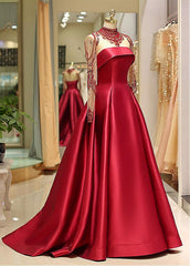 Satin High Collar long Sleeve Beading Prom Evening Dress
