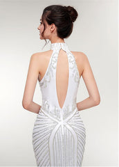 Tulle High Collar White Long Mermaid Evening Dress