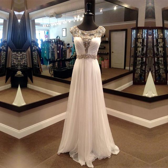 white chiffon golden beaded evening dress long prom dress 2017