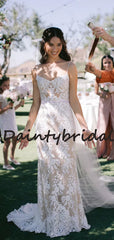 Charming Spaghetti Strap V-neck Simple Lace Mermaid Wedding Dresses, DB10737