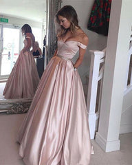 Emerald Green Satin V-neck Evening Gowns Long Off Shoulder Prom Dresses
