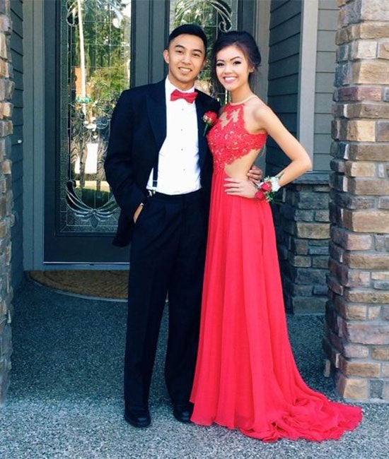 A-line Red Lace Backless Long Prom Dress,Evening Dress - RongMoon