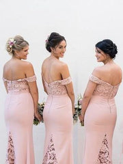 Junior Pretty Blush Pink Lace Off Shoulder Sweetheart Mermaid Floor-Length Bridesmaid Dresses, WG55