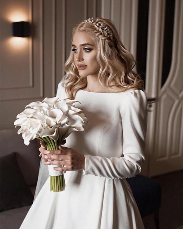 Vintage Wedding Gowns Satin Long Sleeves Bridal Dress