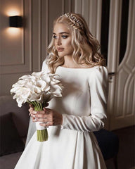 Vintage Wedding Gowns Satin Long Sleeves Bridal Dress