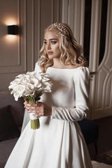 Vintage Wedding Gowns Satin Long Sleeves Bridal Dress