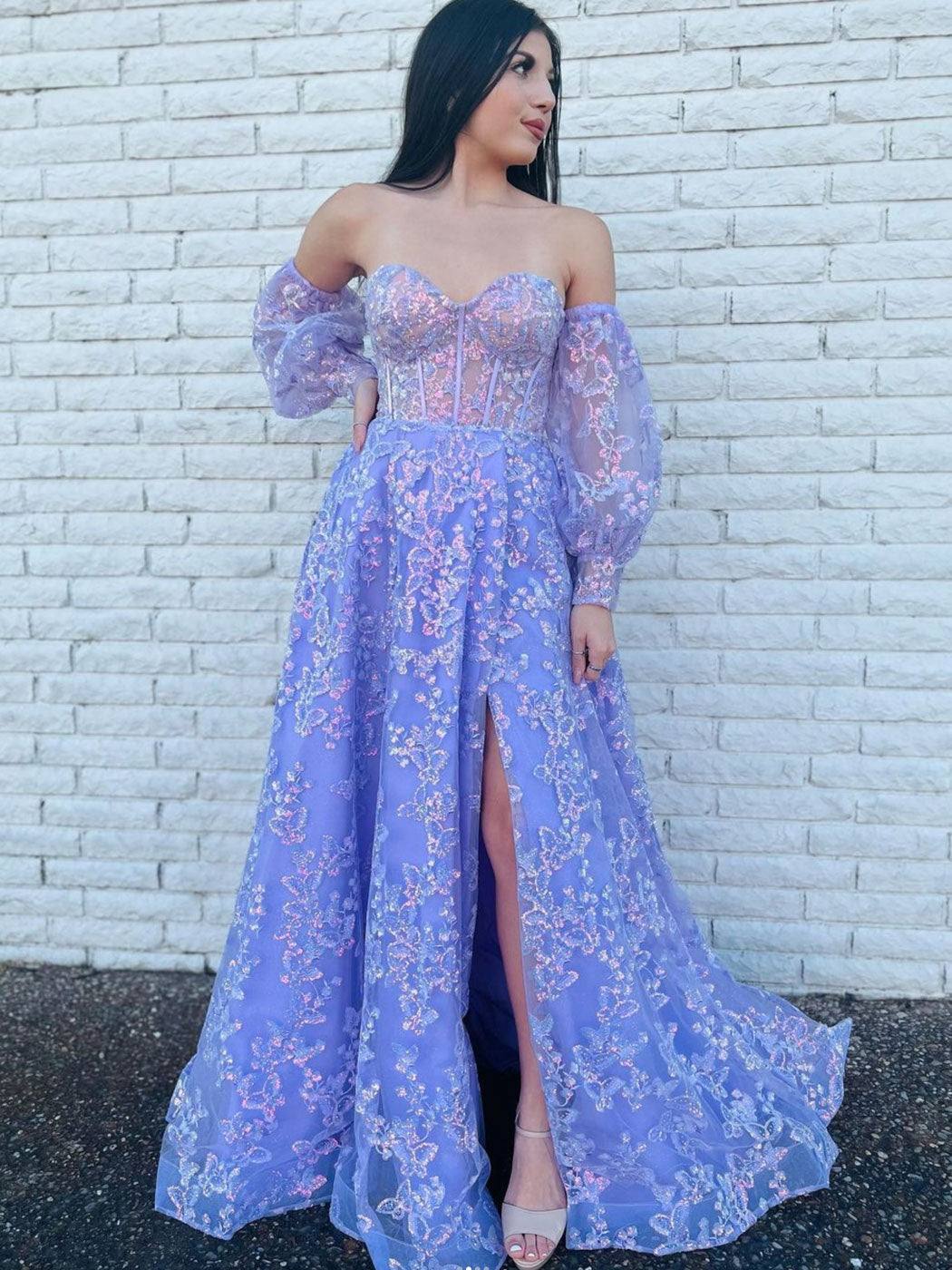 Purple tulle lace long prom dress, purple tulle formal dress - RongMoon