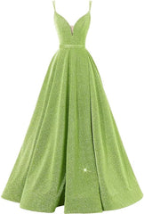 Pink V Neck Sequin A Line Prom Dress With Slit