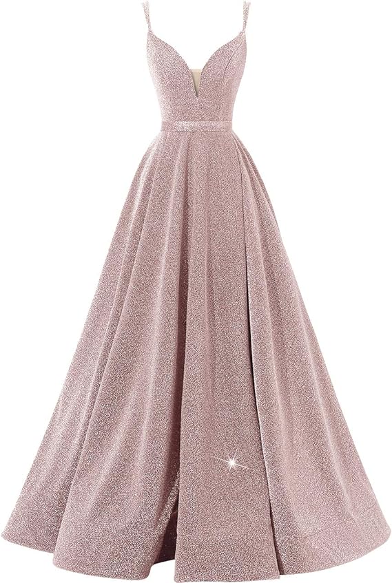Pink V Neck Sequin A Line Prom Dress With Slit