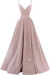 Pink V Neck Sequin A Line Prom Dress With Slit