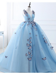 Ball Gown Prom Dresses Luxurious Dress Engagement Court Train Sleeveless V Neck Tulle with Pleats Appliques 2