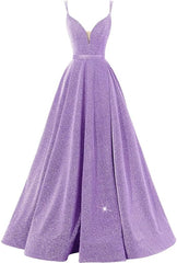Pink V Neck Sequin A Line Prom Dress With Slit