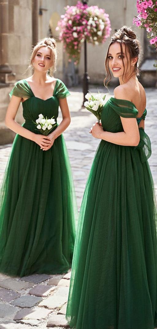Green Off Shoulder Long A-line Tulle Bridesmaid Dresses, A-line Bridesmaid Dresses, Long Bridesmaid Dresses, RC005 - RongMoon