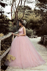 Satin V-neck Tulle Ball Gowns Wedding Dresses Pearl Pink