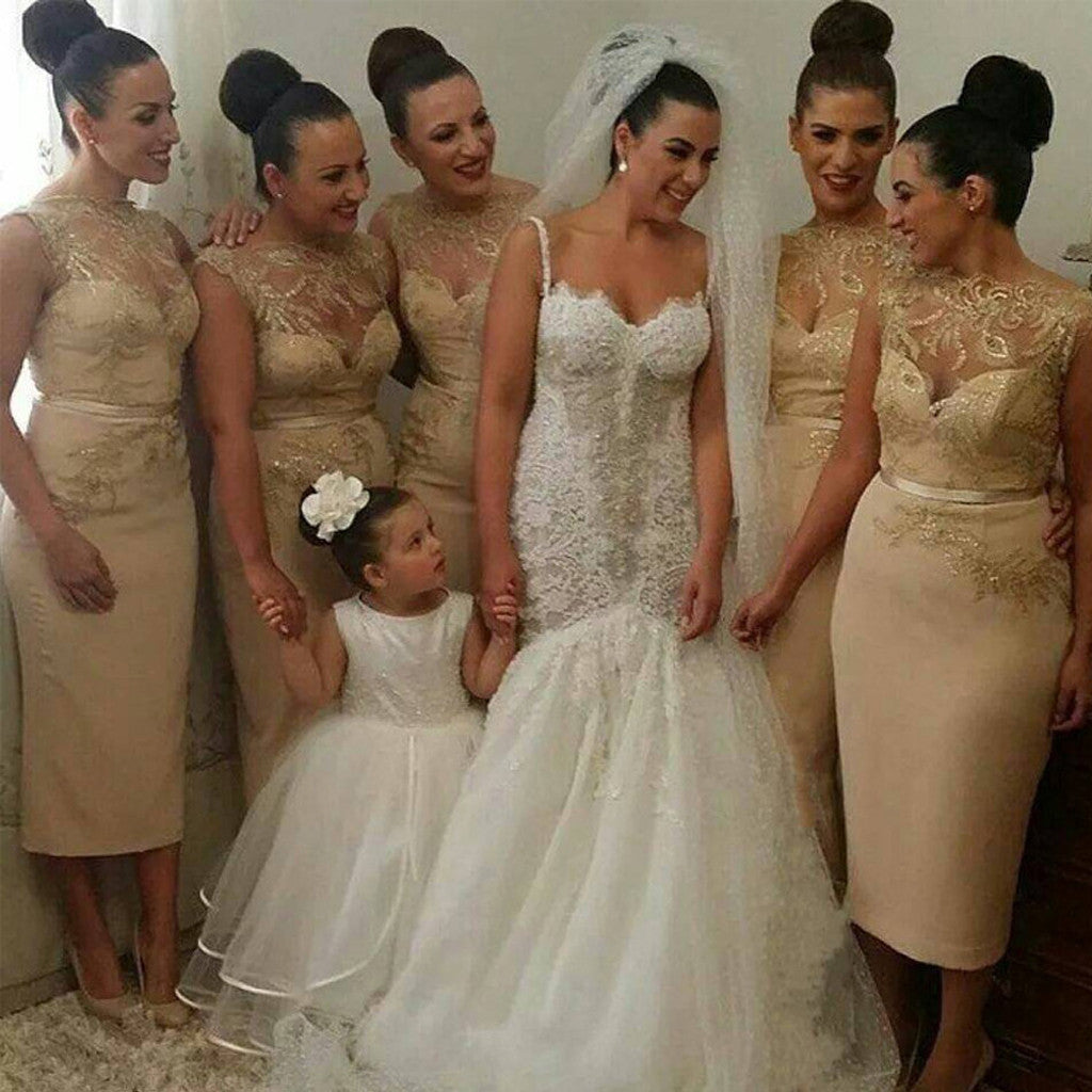 Gorgeous Unique Sexy Gold Sequin Clairvoyant Outfit Lace Sleeveless Sheath Tea-Length Bridesmaid Dresses, WG83