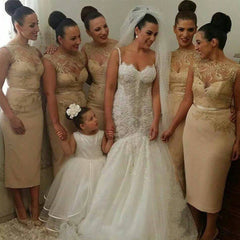 Gorgeous Unique Sexy Gold Sequin Clairvoyant Outfit Lace Sleeveless Sheath Tea-Length Bridesmaid Dresses, WG83