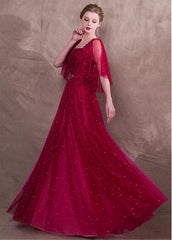 Lace Square Burgundy Evening Dress With Beadings & Belt