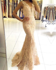 Lace V Neck Nude Back Mermaid Dresses