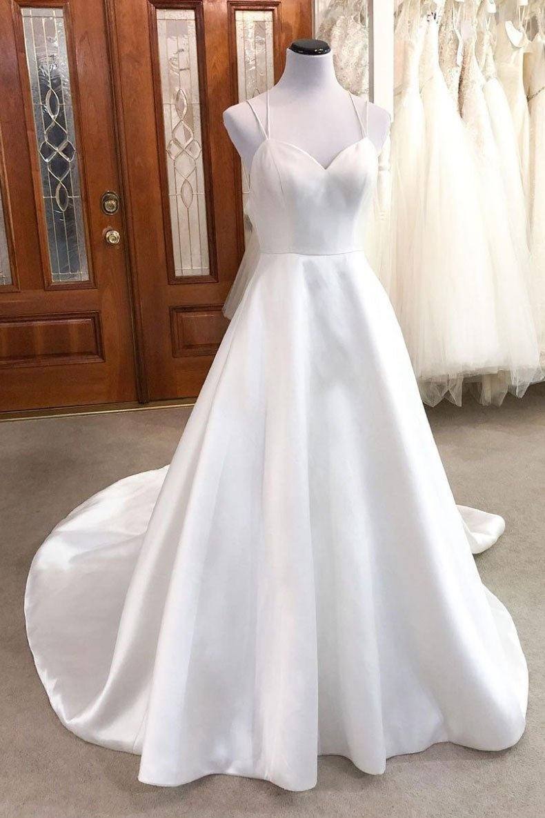 Simple white v neck satin long wedding dress white bridal dress - RongMoon
