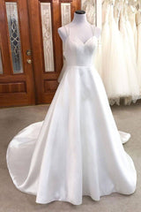 Simple white v neck satin long wedding dress white bridal dress - RongMoon