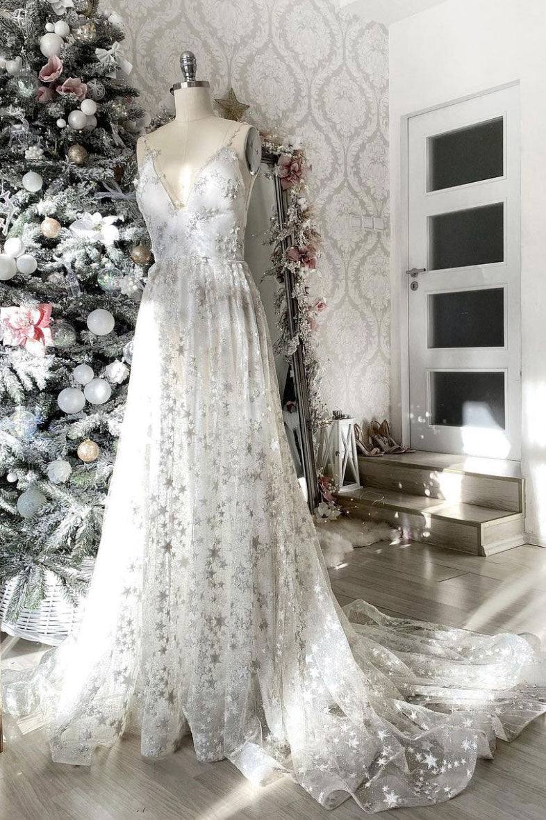 Gray v neck tulle long prom dress gray evening dress - RongMoon