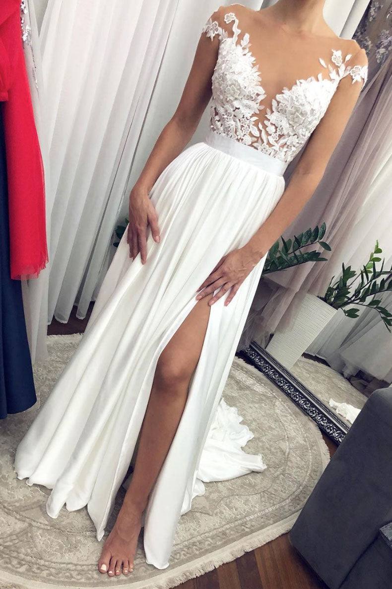 White round neck lace long prom dress white lace bridesmaid dress - RongMoon