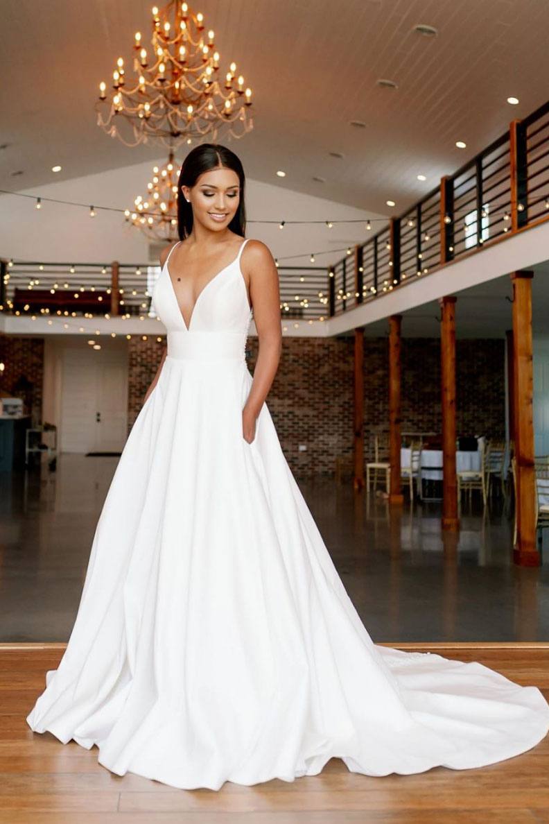 White v neck lace long prom dress white lace bridesmaid dress - RongMoon