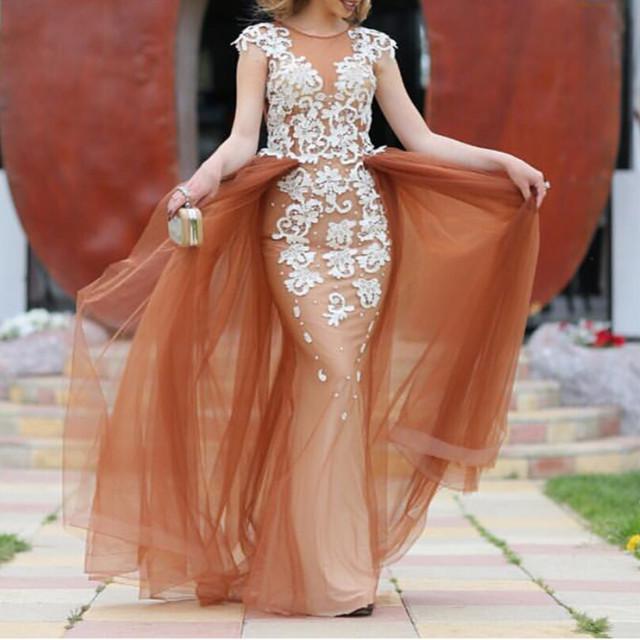 White Lace Appliques Champagne Tulle Mermaid Evening Dresses
