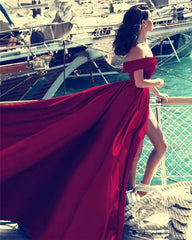 Long Prom Gowns Satin Off Shoulder Evening Dresses Front Slit