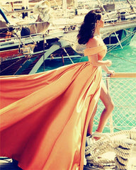 Long Prom Gowns Satin Off Shoulder Evening Dresses Front Slit