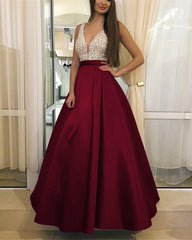 Plunge Neck Floor Length Satin Prom Evening Dress Sequin Beaded